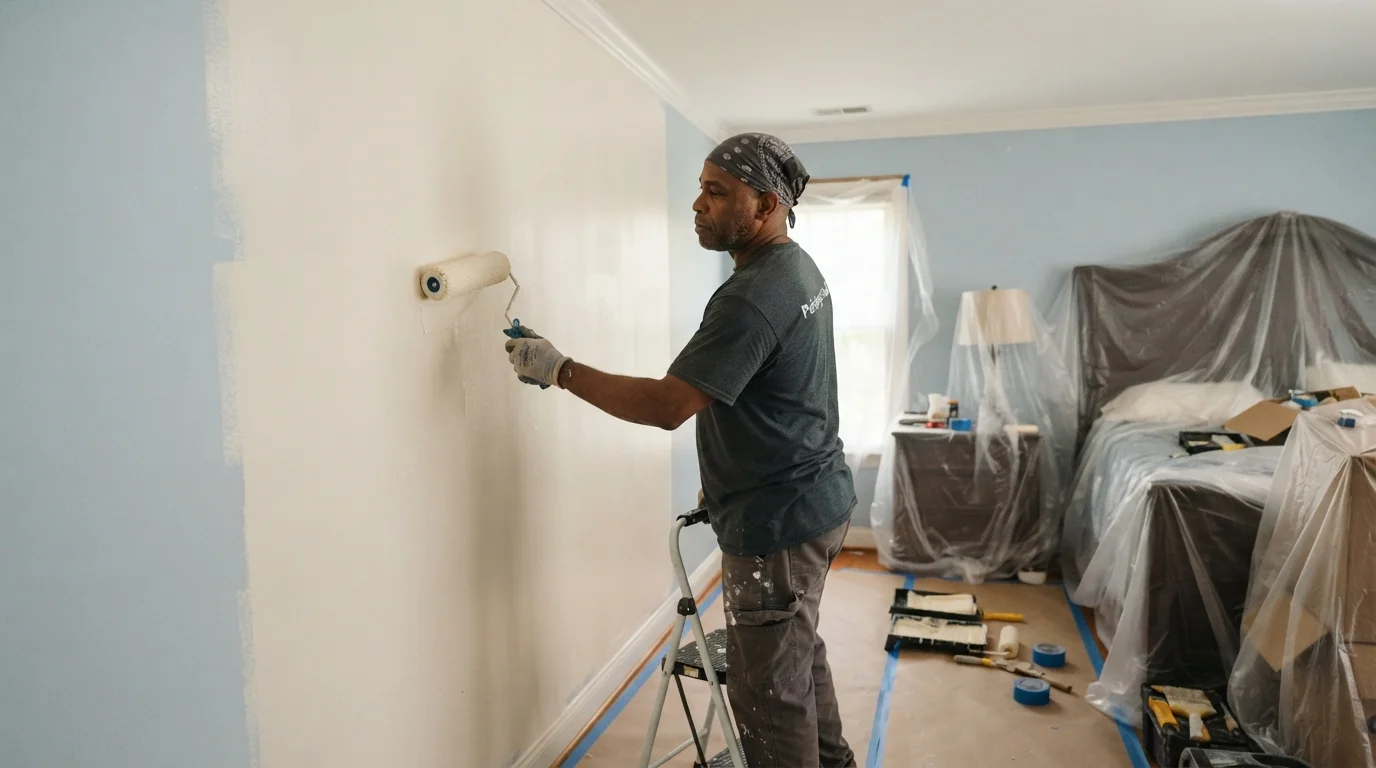 Painter rolling a bedroom wall in an occupied Atlanta home with the floors protected