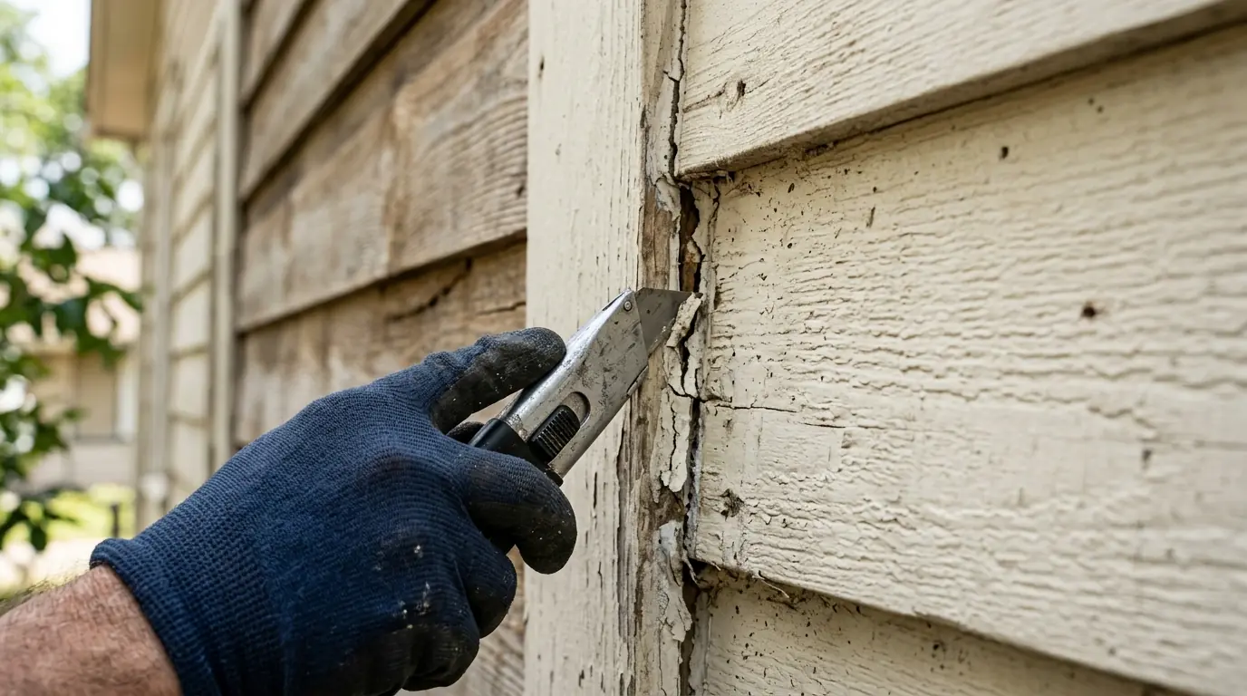 Cutting out cracked caulk from a siding joint