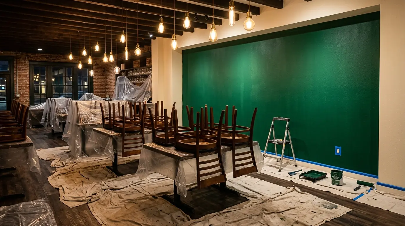 Restaurant dining room feature wall painted after closing