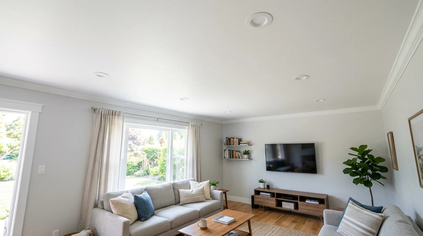 Freshly painted flat white ceiling in a living room