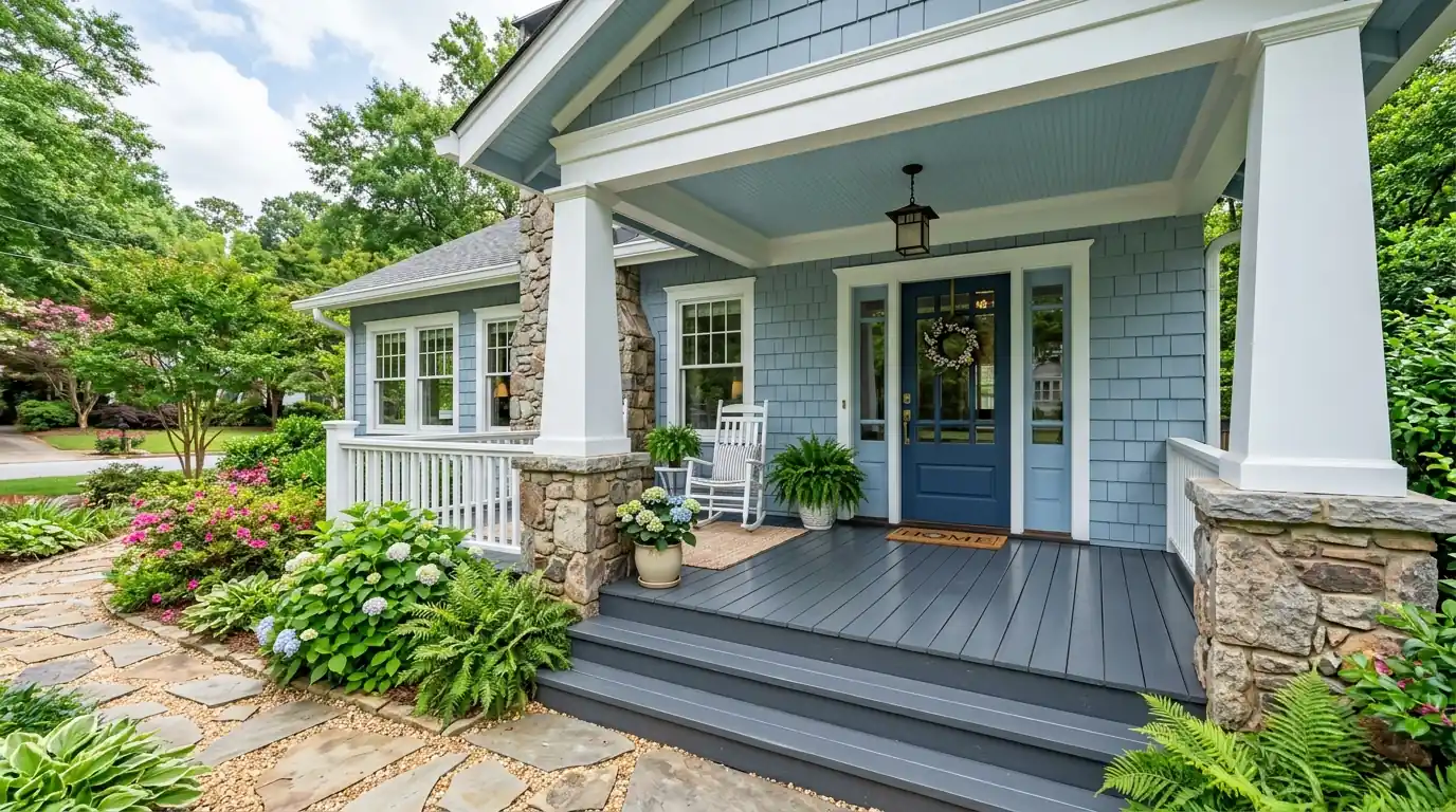 Craftsman porch with fresh gray floor and blue ceiling