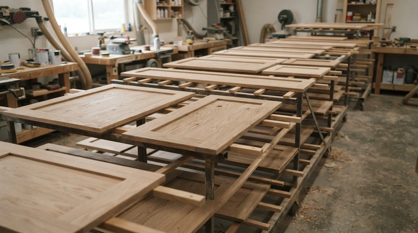 Cabinet doors stripped to bare oak on drying racks