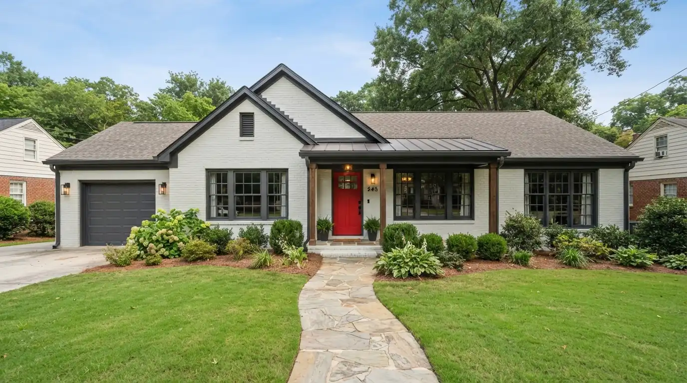 Painted white brick ranch with charcoal trim and a red front door