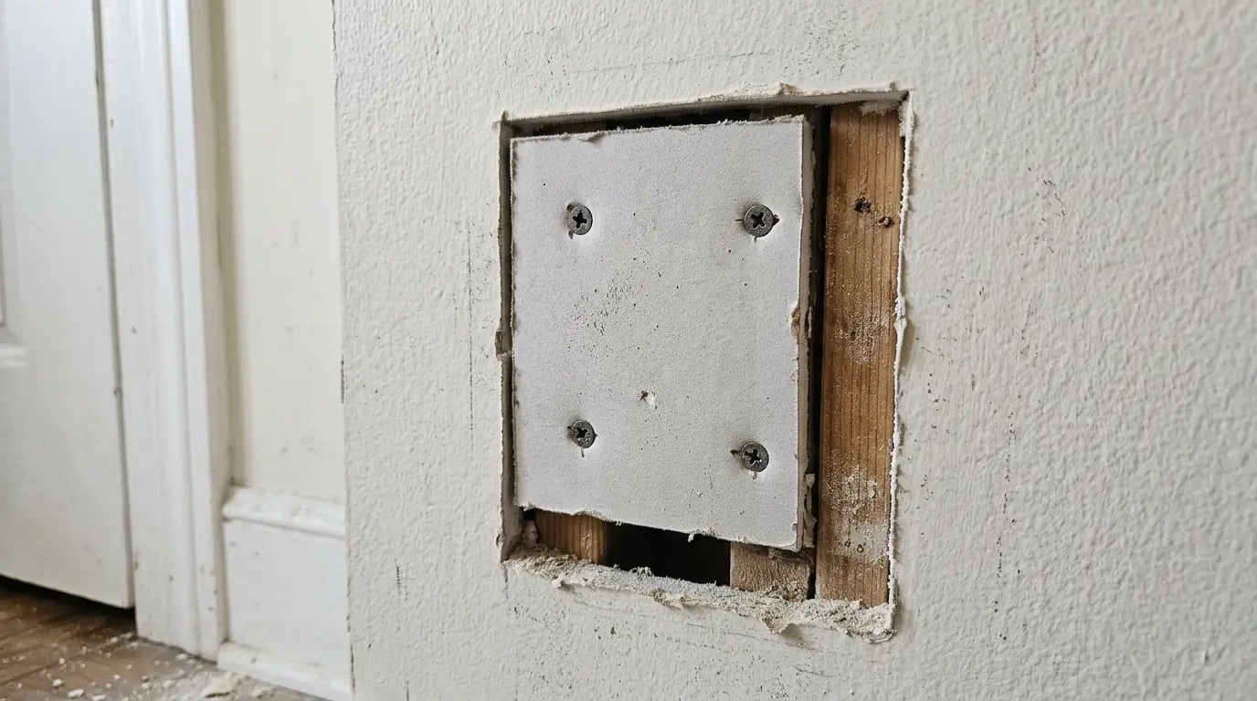 Drywall patch installed over a doorknob hole