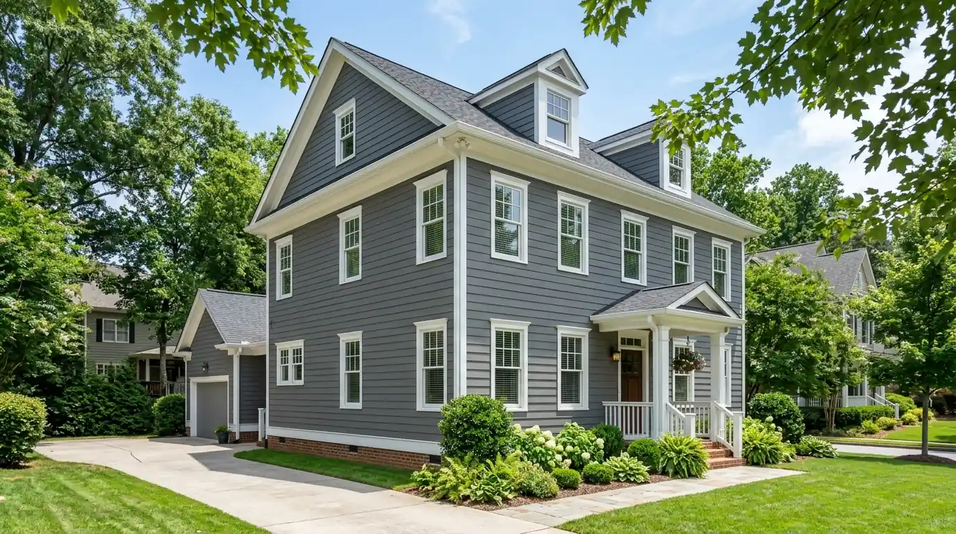 Freshly painted white trim on a gray-sided home