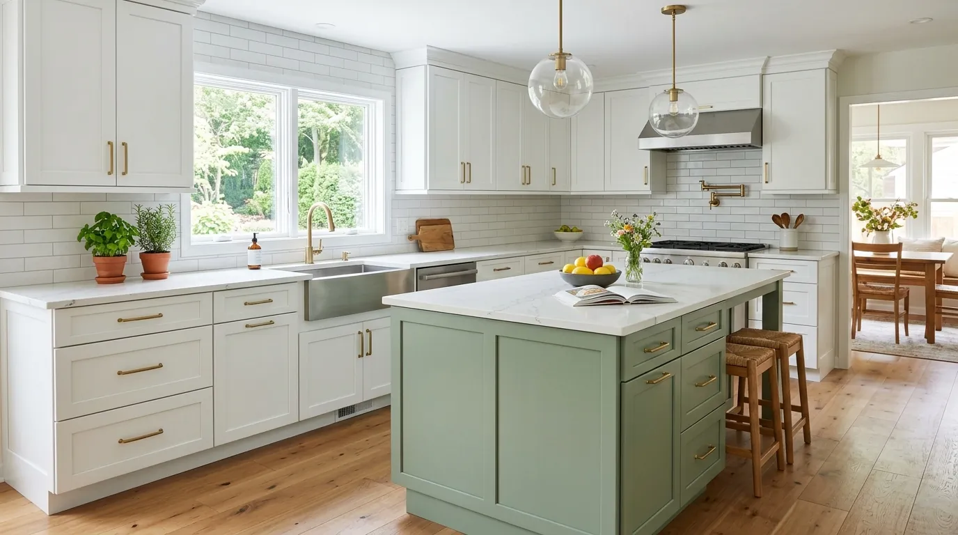 Kitchen with white cabinets and a sage green island