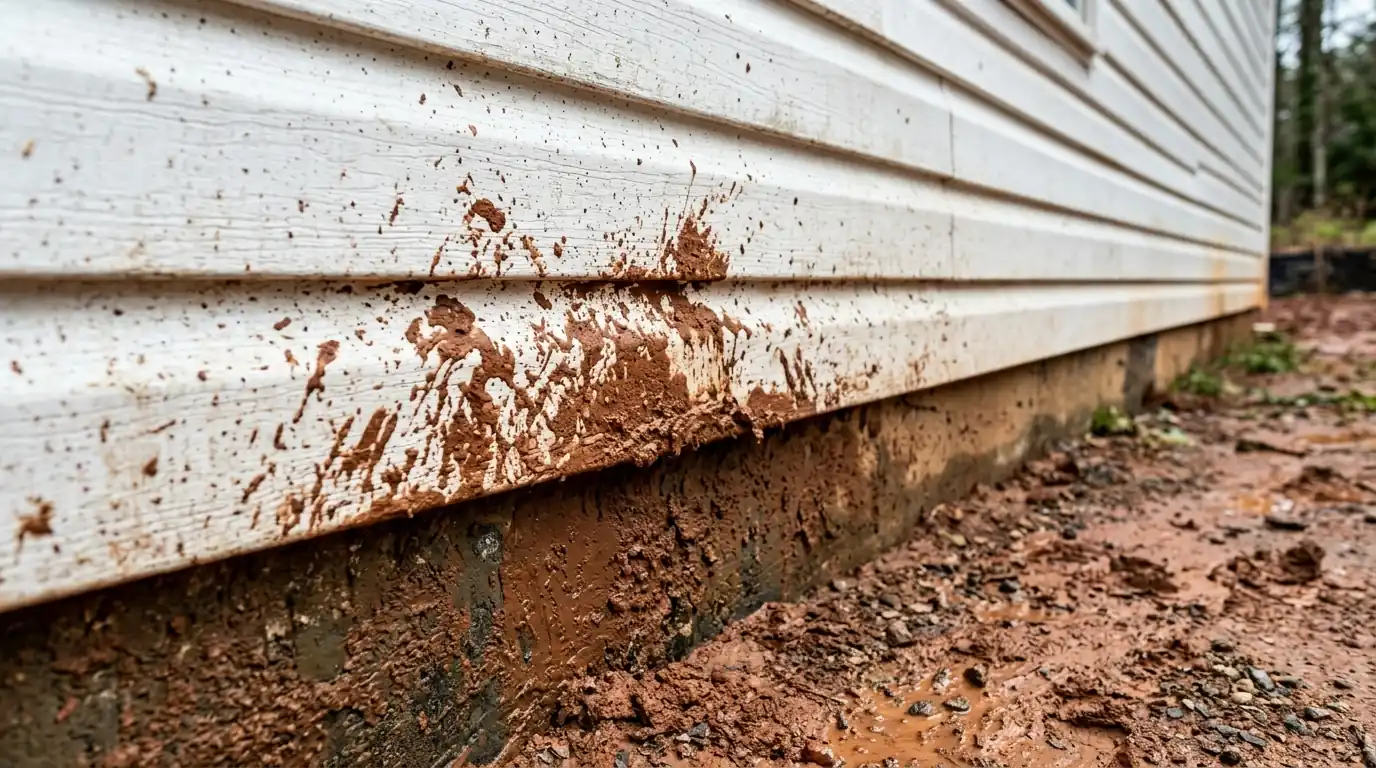 Red clay splash stains on the bottom of white siding