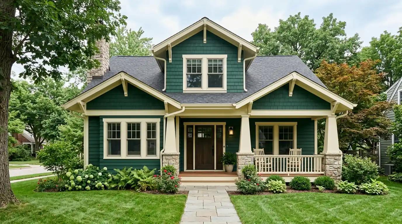 Craftsman exterior repainted deep green