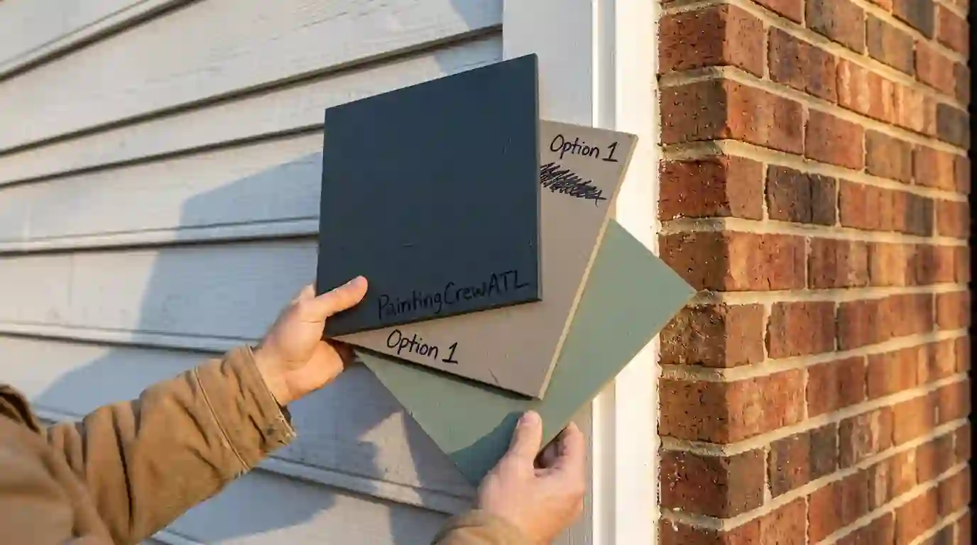 Exterior color sample boards against siding and brick