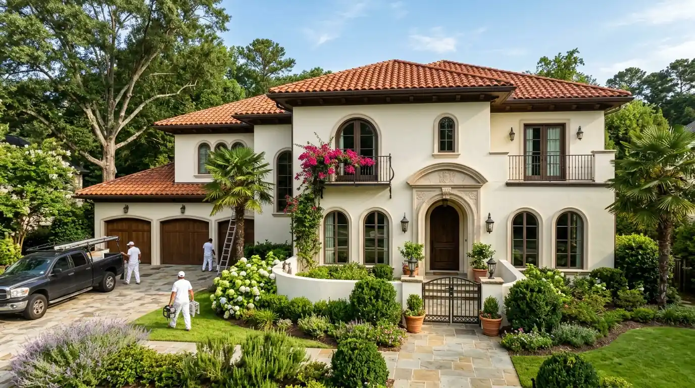 Stucco home in Atlanta repainted warm white
