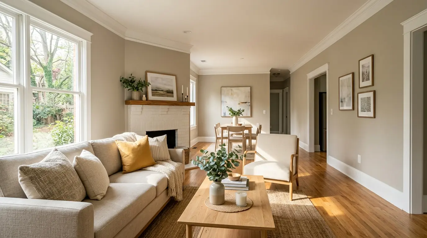 Living room repainted in a warm greige in Atlanta
