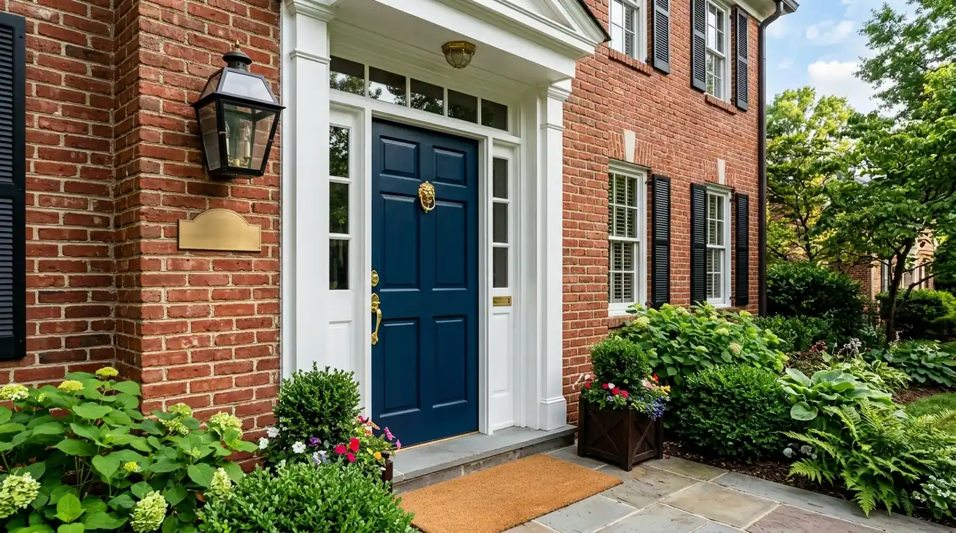 Front door freshly painted navy on a brick Atlanta home