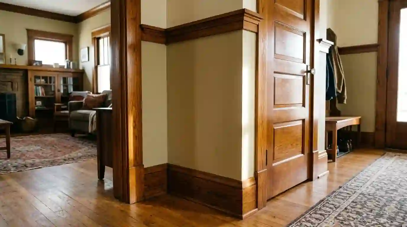 Refinished stained wood trim in a Craftsman interior