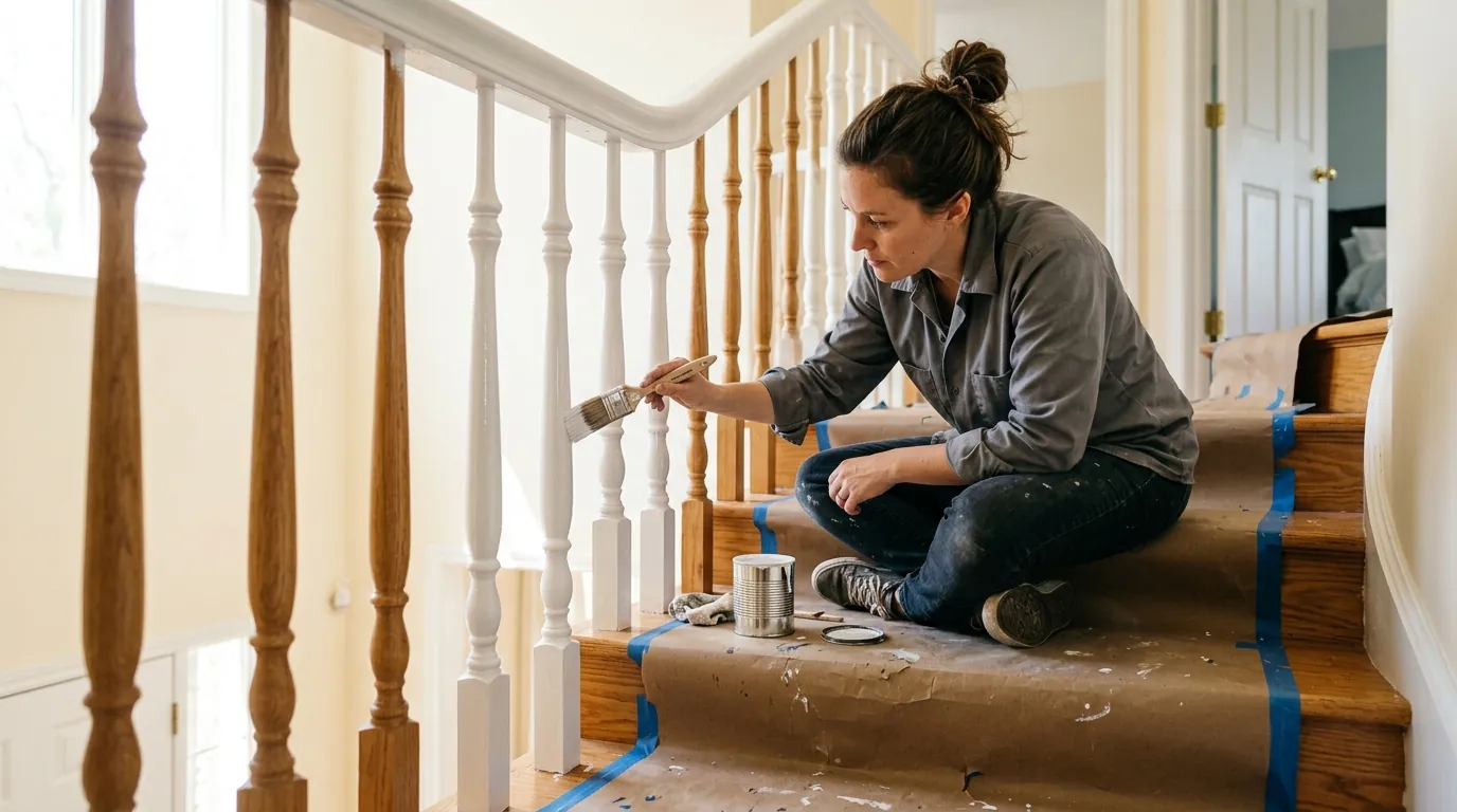 Painter brushing turned balusters with enamel