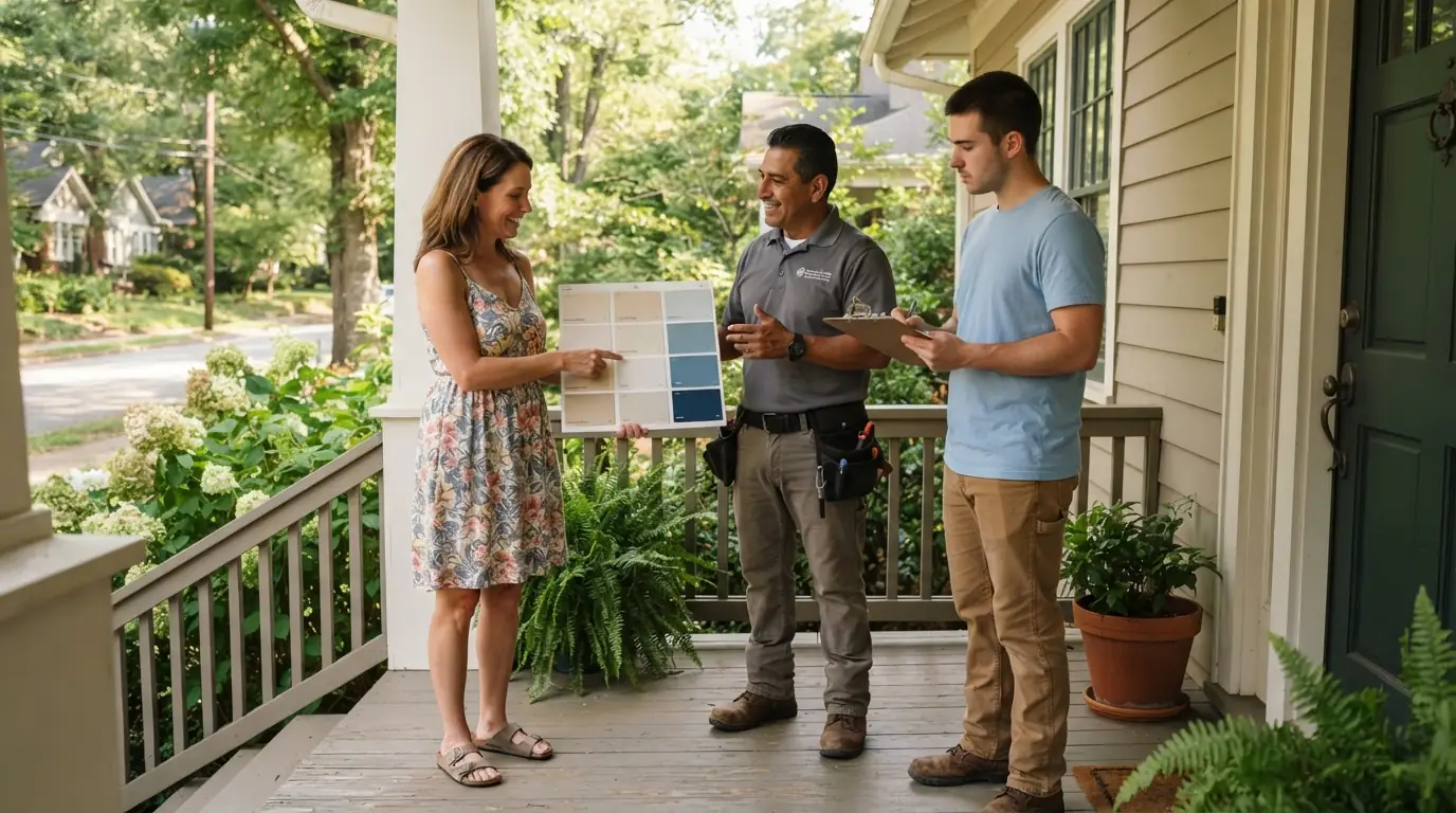 Crew reviewing a color board with a homeowner on a porch