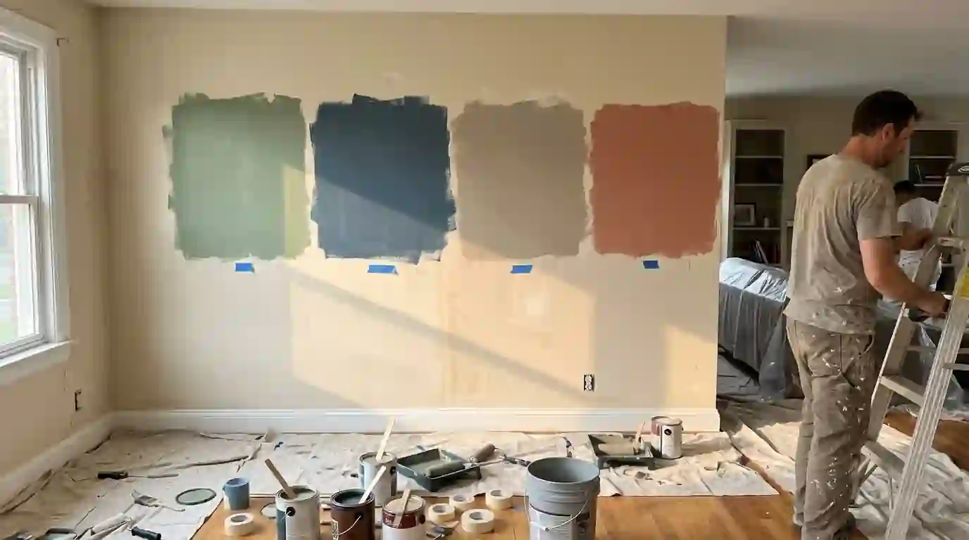 Large color sample patches on a living room wall