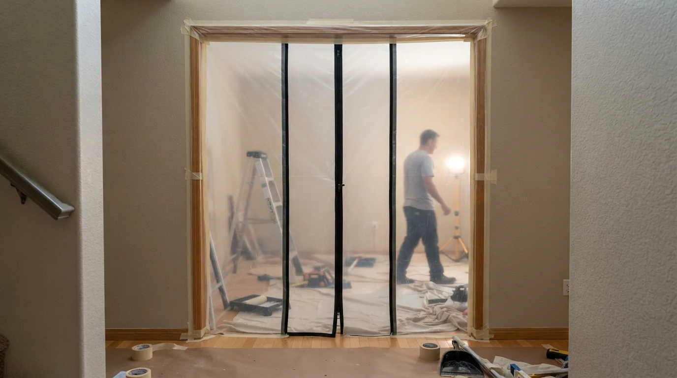 Doorway sealed with plastic during interior prep