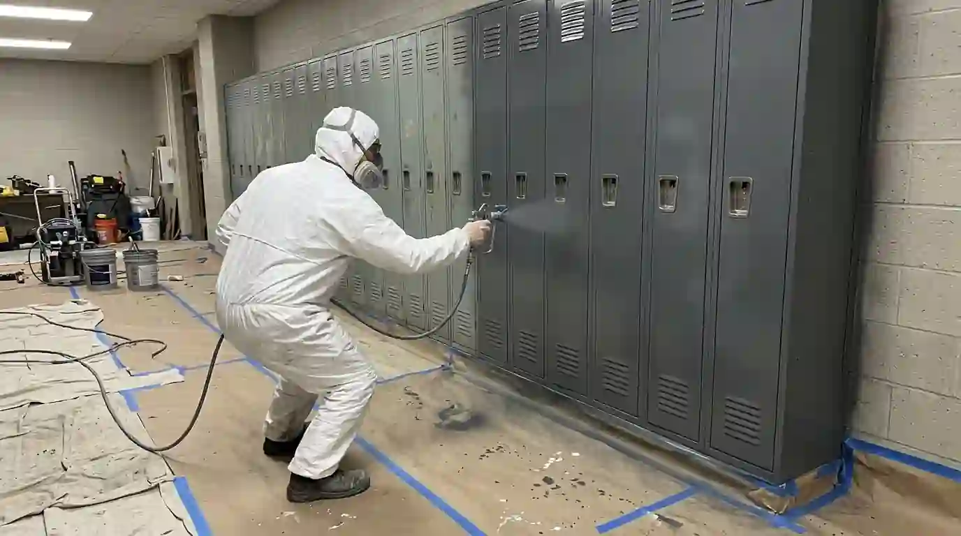 Spraying metal lockers in place
