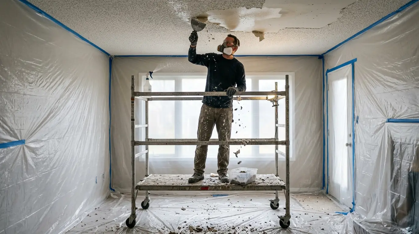 Scraping popcorn texture in a room sealed with plastic