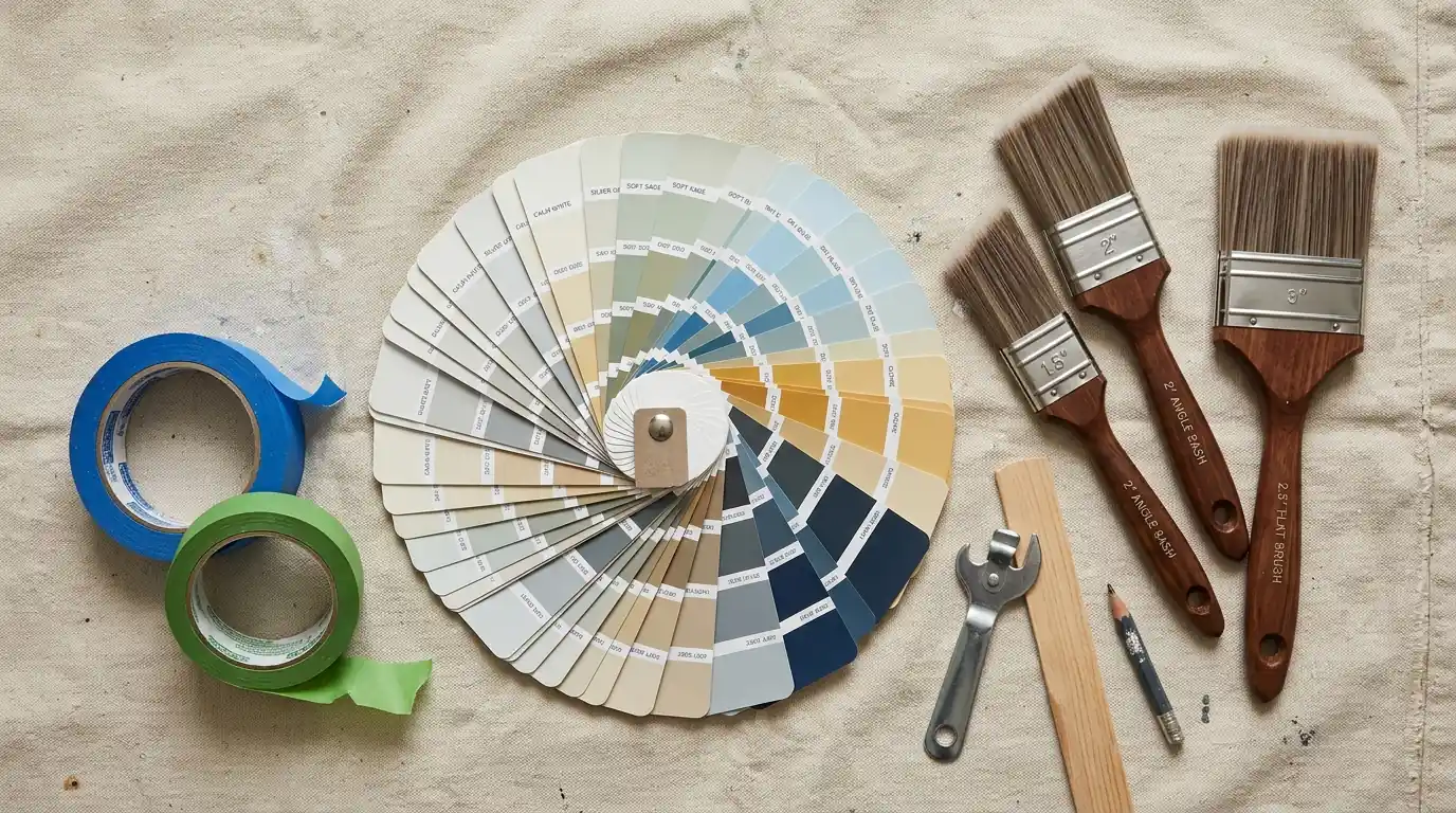 Painting tools and color cards laid out before a job