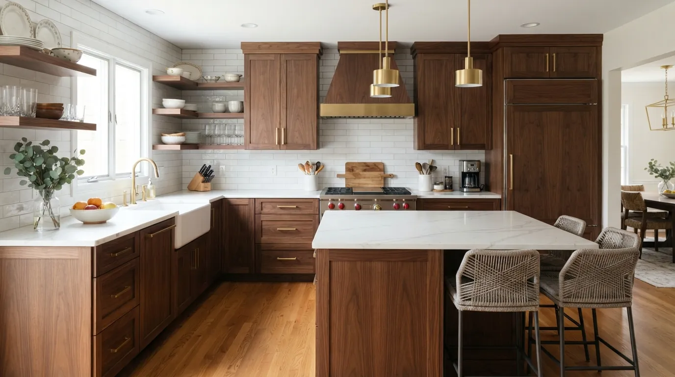 Kitchen cabinets refinished in a warm walnut stain