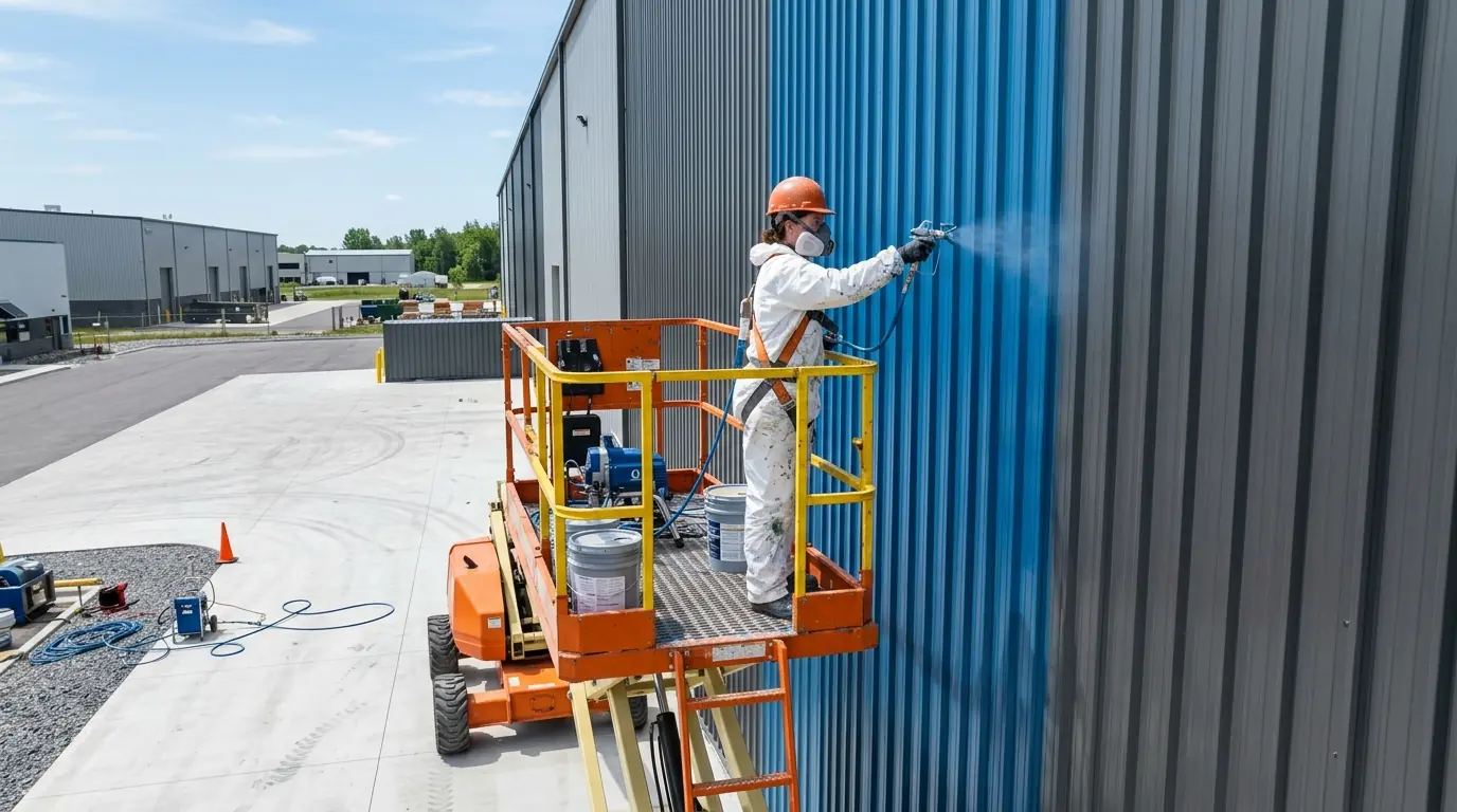 Spraying a metal warehouse wall from a lift