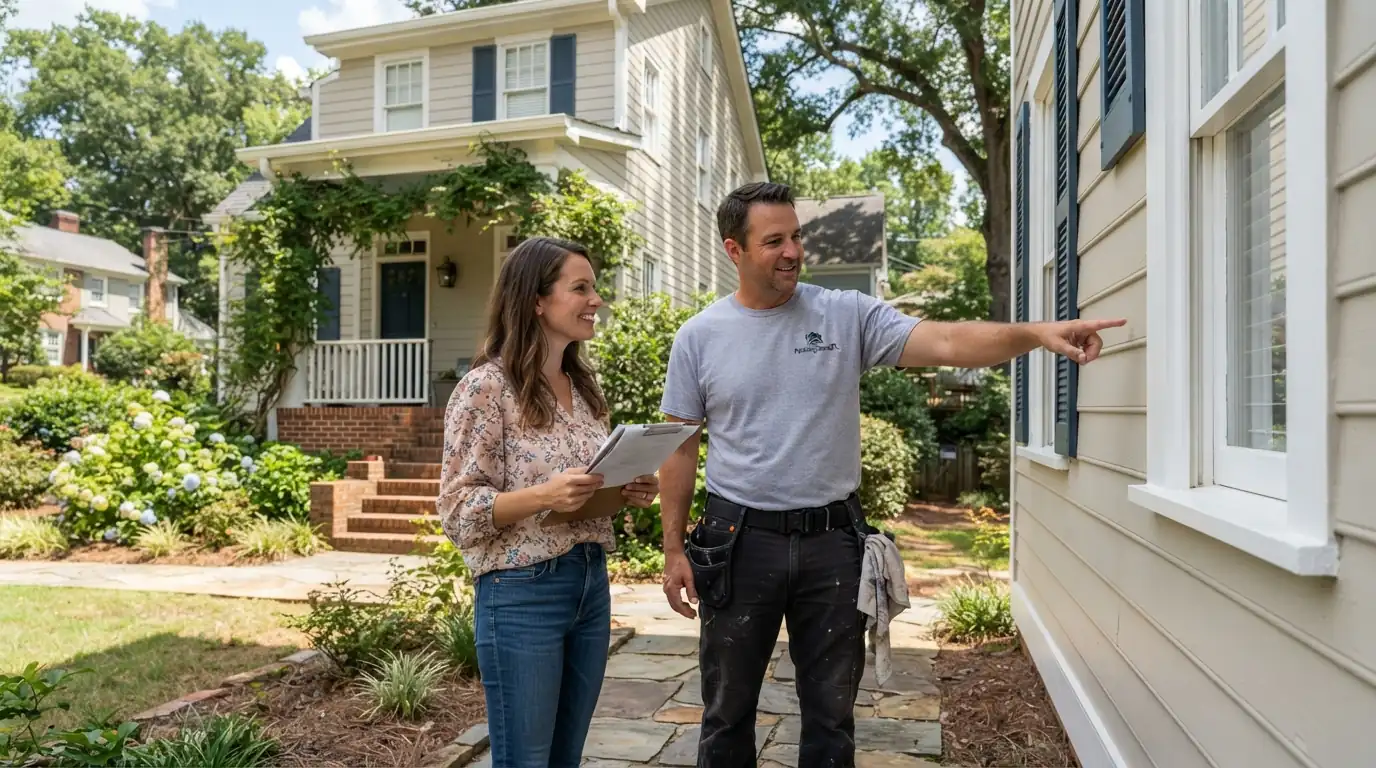 Walk-through of a house exterior with a homeowner