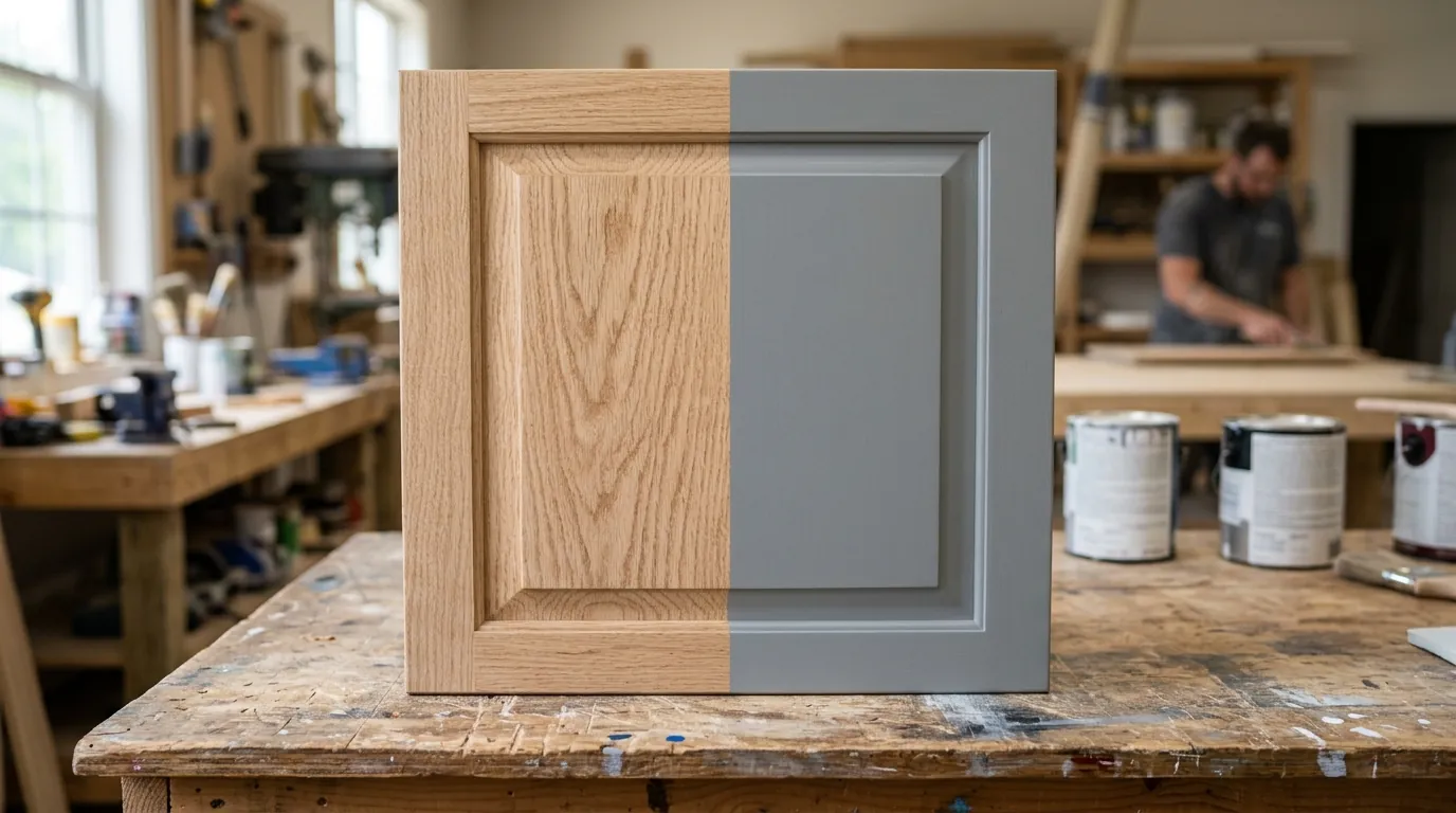Oak cabinet door with grain fill on one half