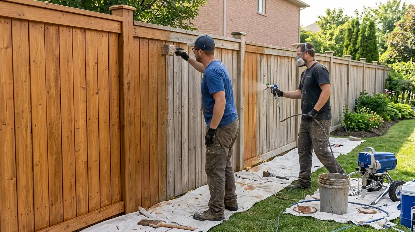 Spraying and back-brushing fence stain