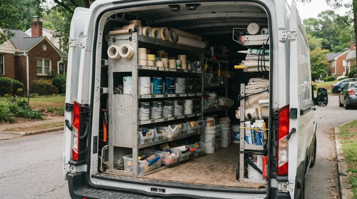 Organized paint van with labeled cans and supplies