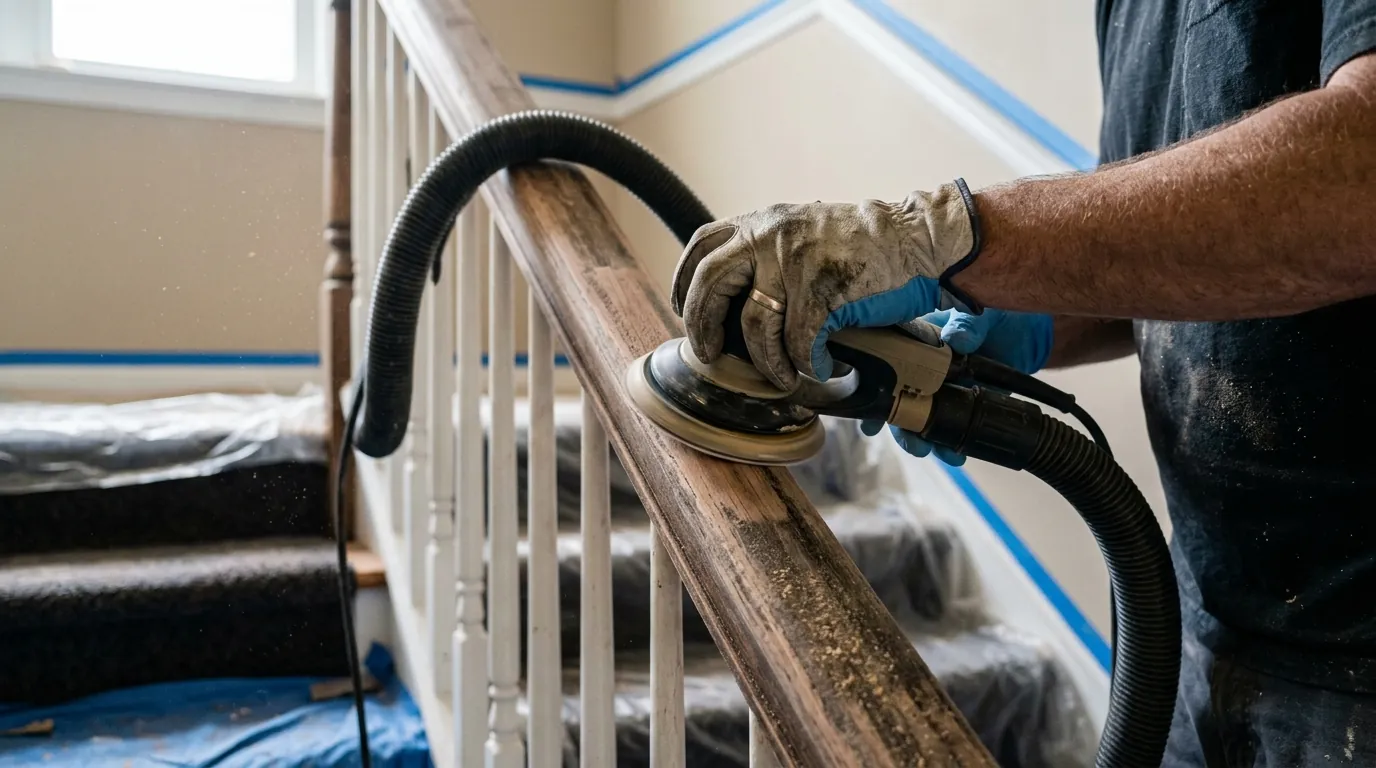 Handrail sanded before refinishing