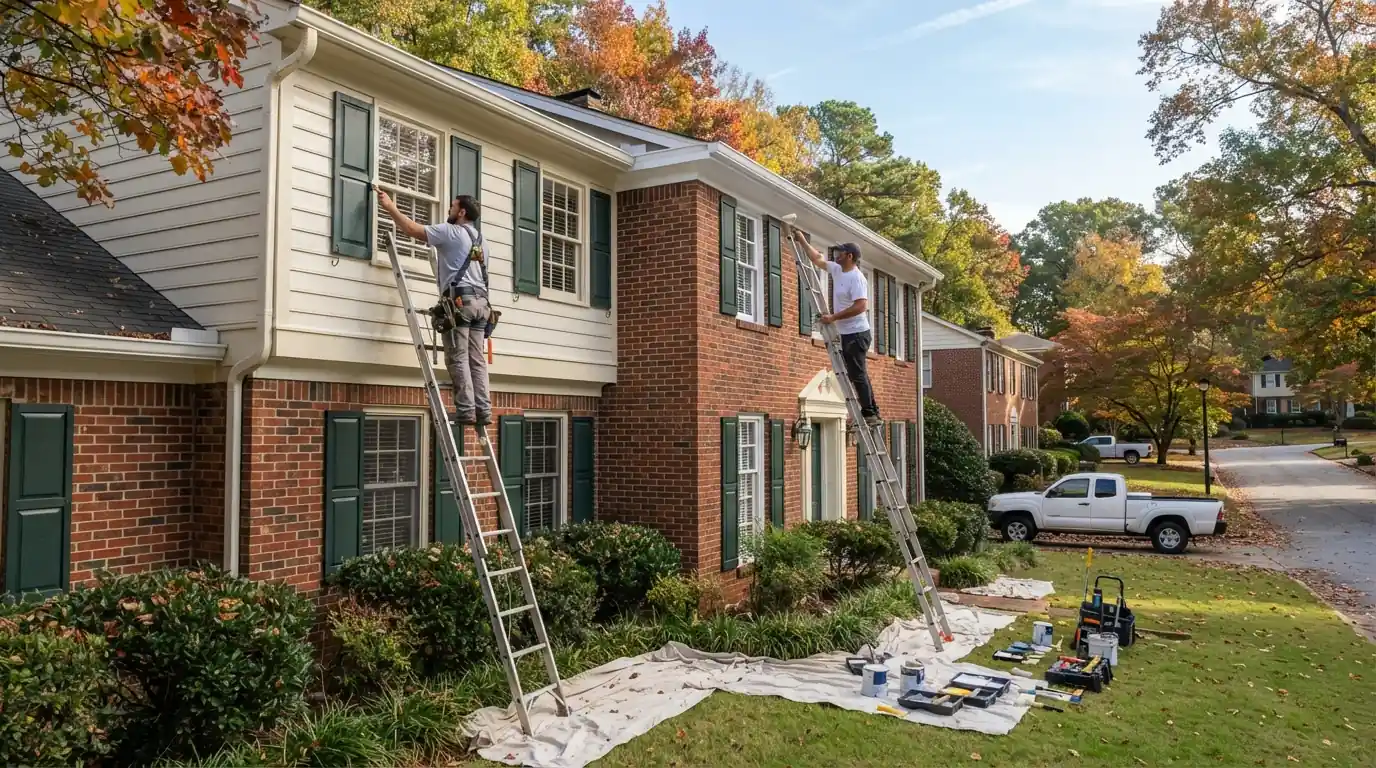 Exterior painting on a clear fall morning in Atlanta