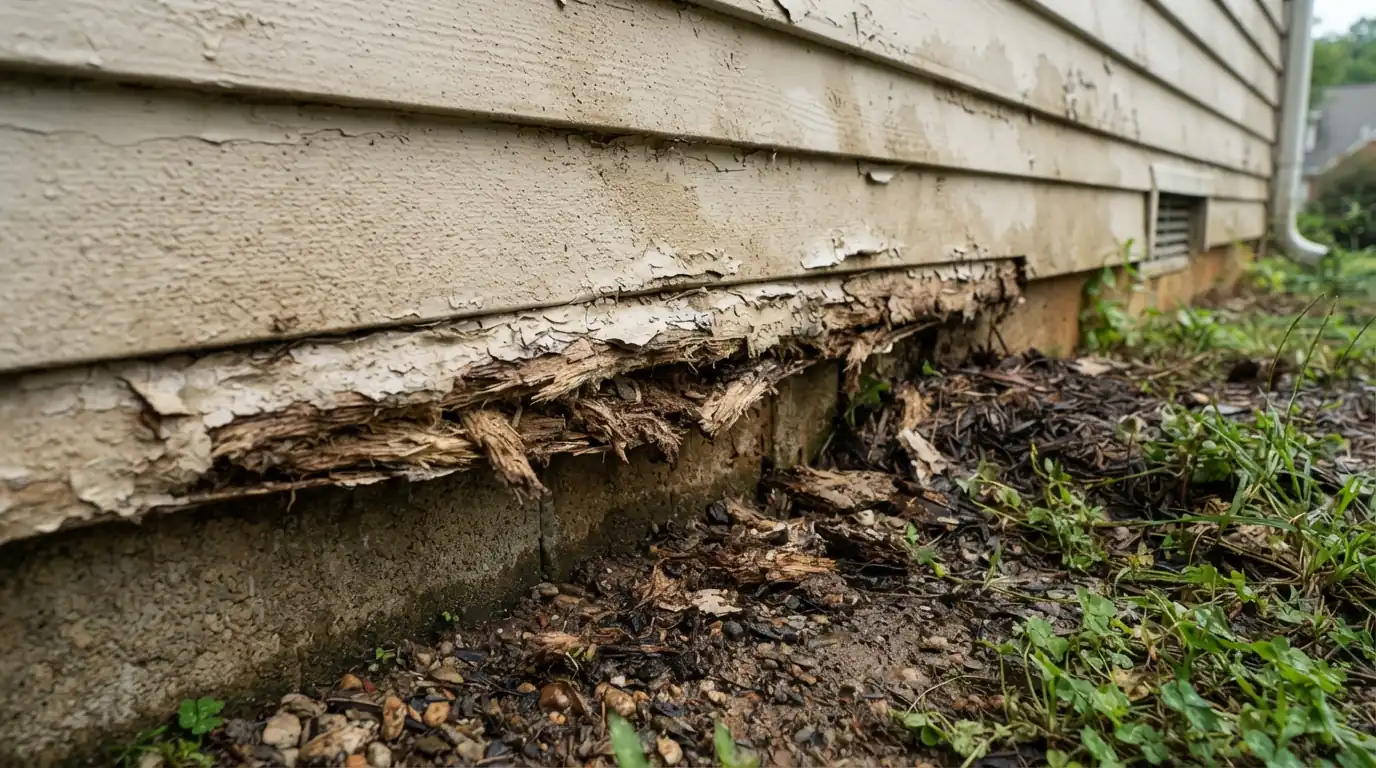 Swollen hardboard siding at the bottom edge