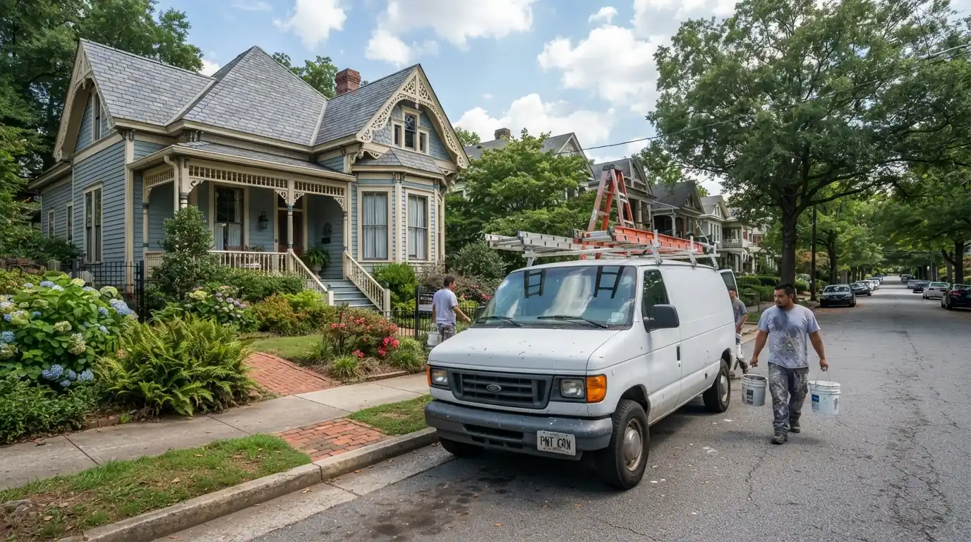 Crew van outside a Victorian cottage in intown Atlanta
