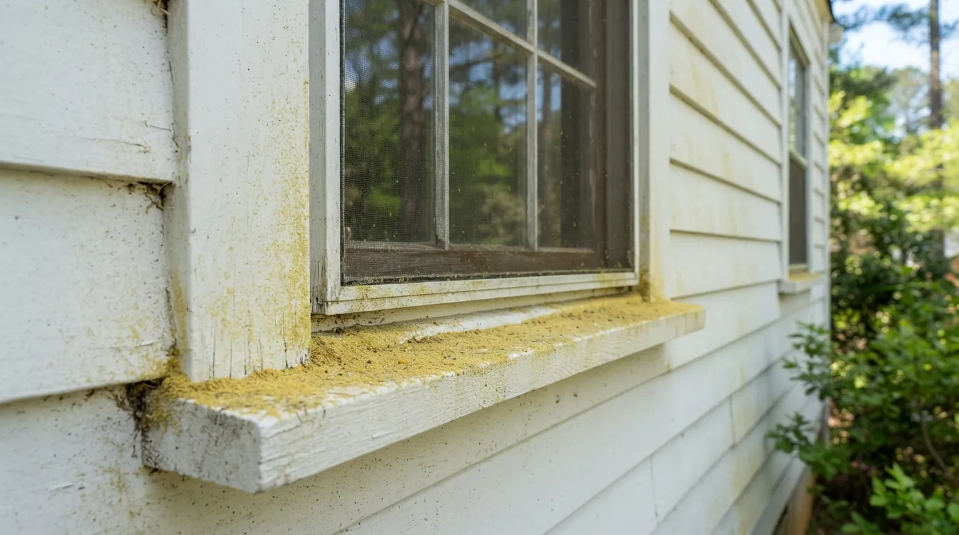 Pine pollen film on white siding in spring