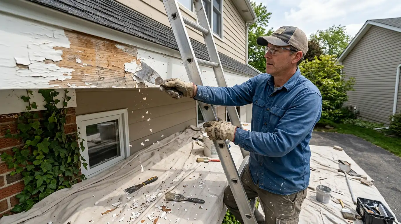 Scraping peeling fascia before paint