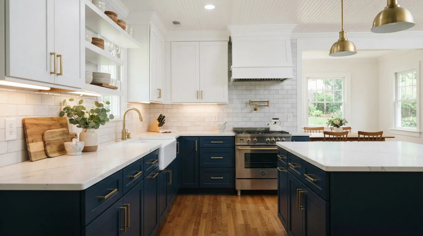 Navy and white two-tone painted kitchen cabinets in an Atlanta bungalow