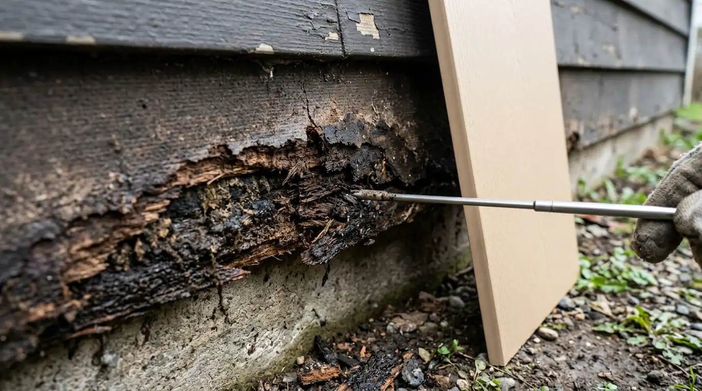 Failed hardboard siding edge with a replacement panel ready