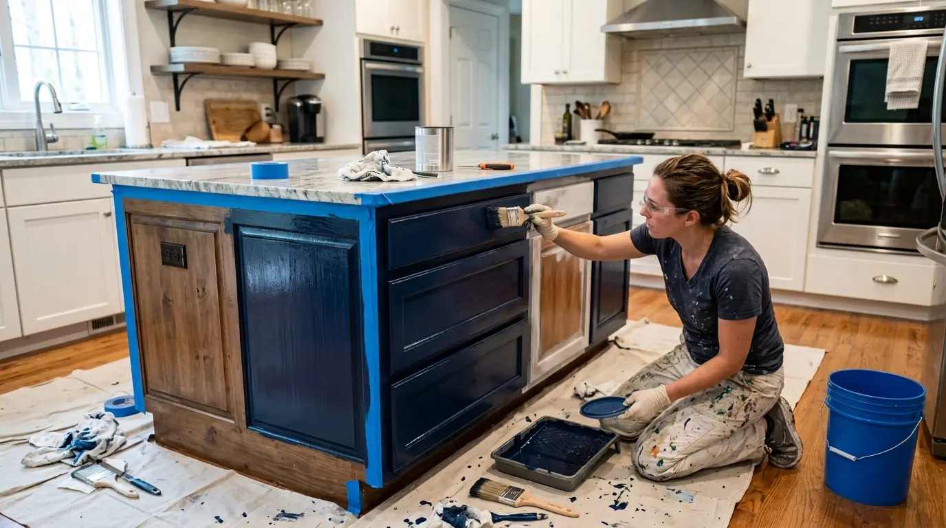 Painting a kitchen island navy in place