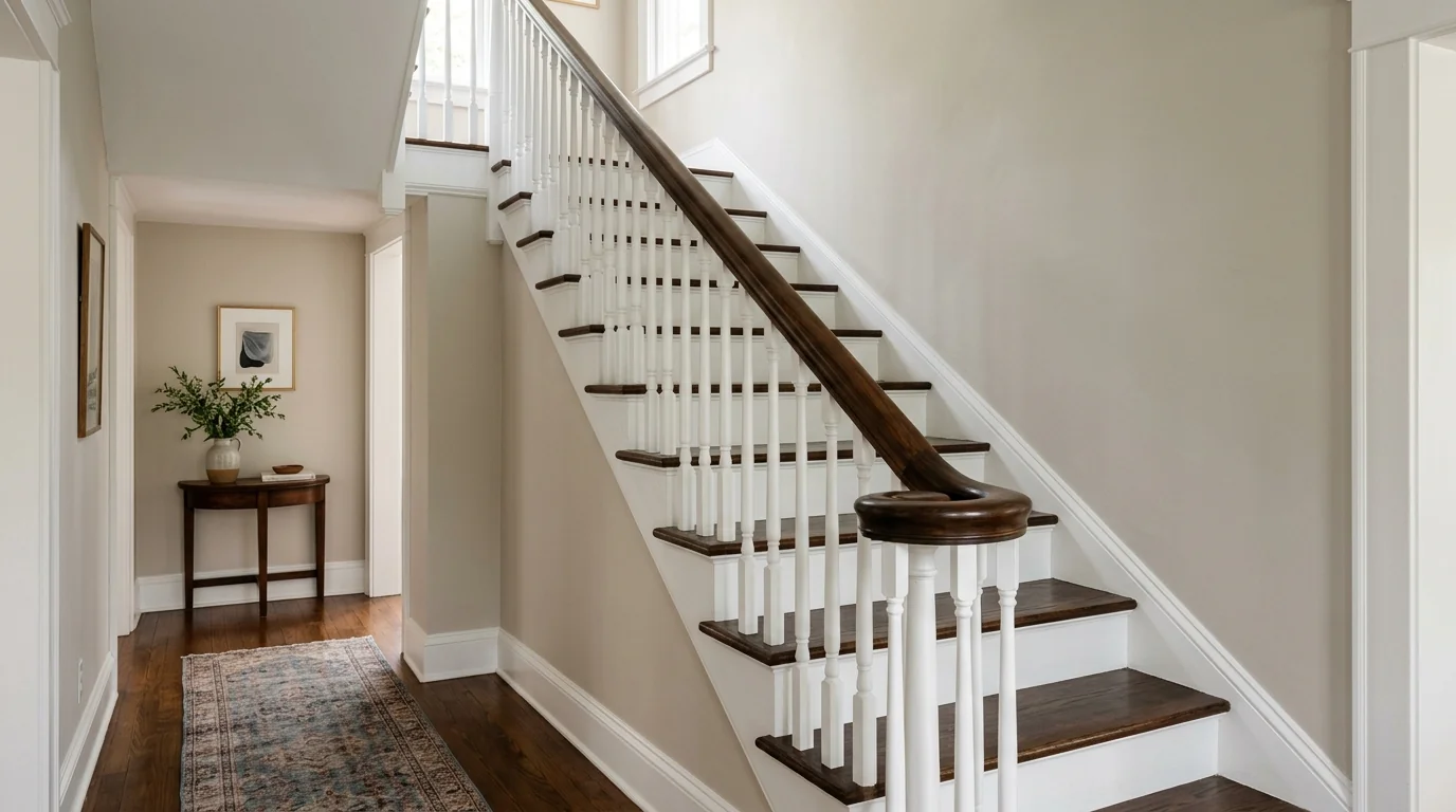 Staircase with white spindles and a dark stained handrail