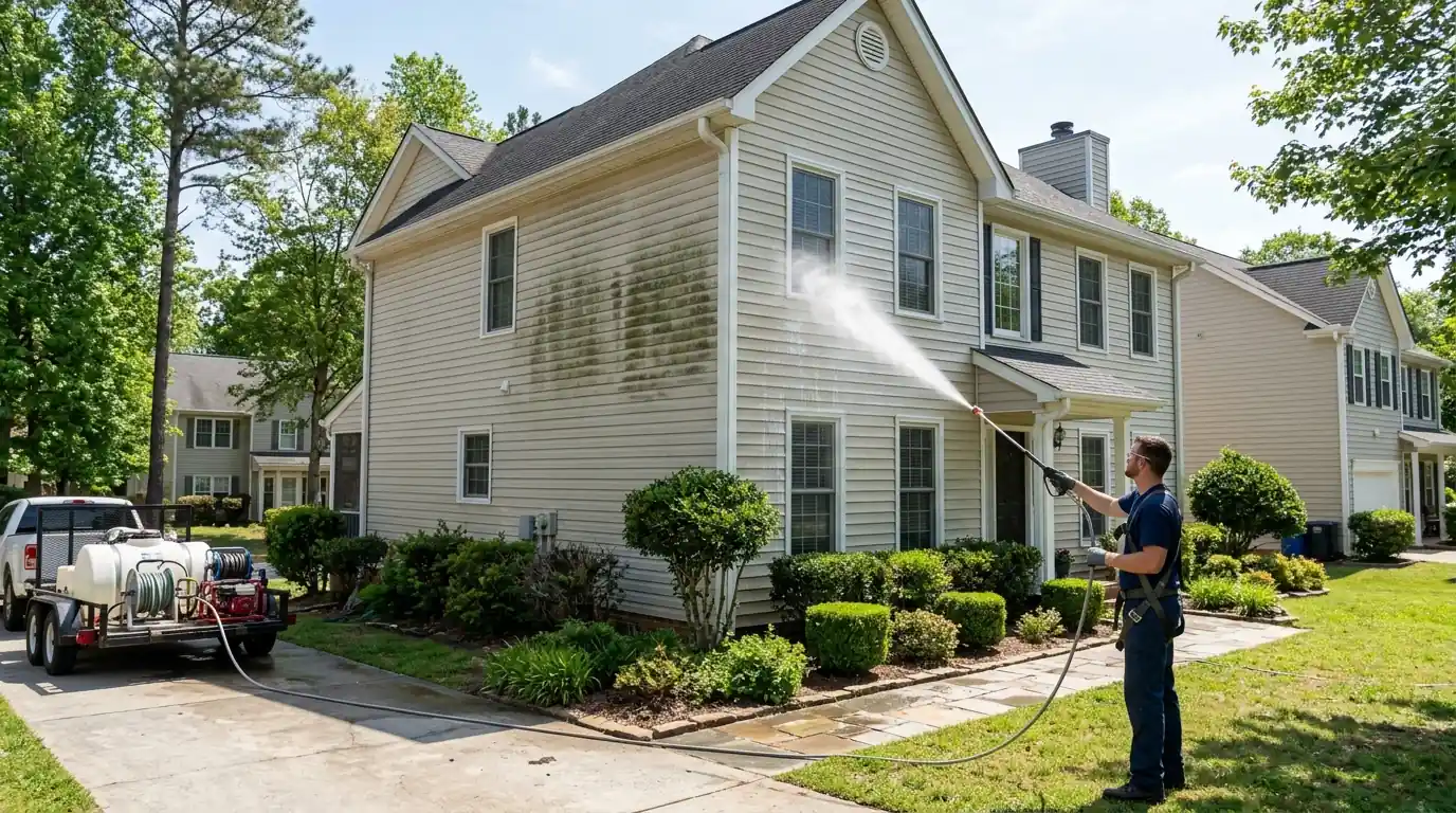 Soft washing mildew off two-story siding in Atlanta