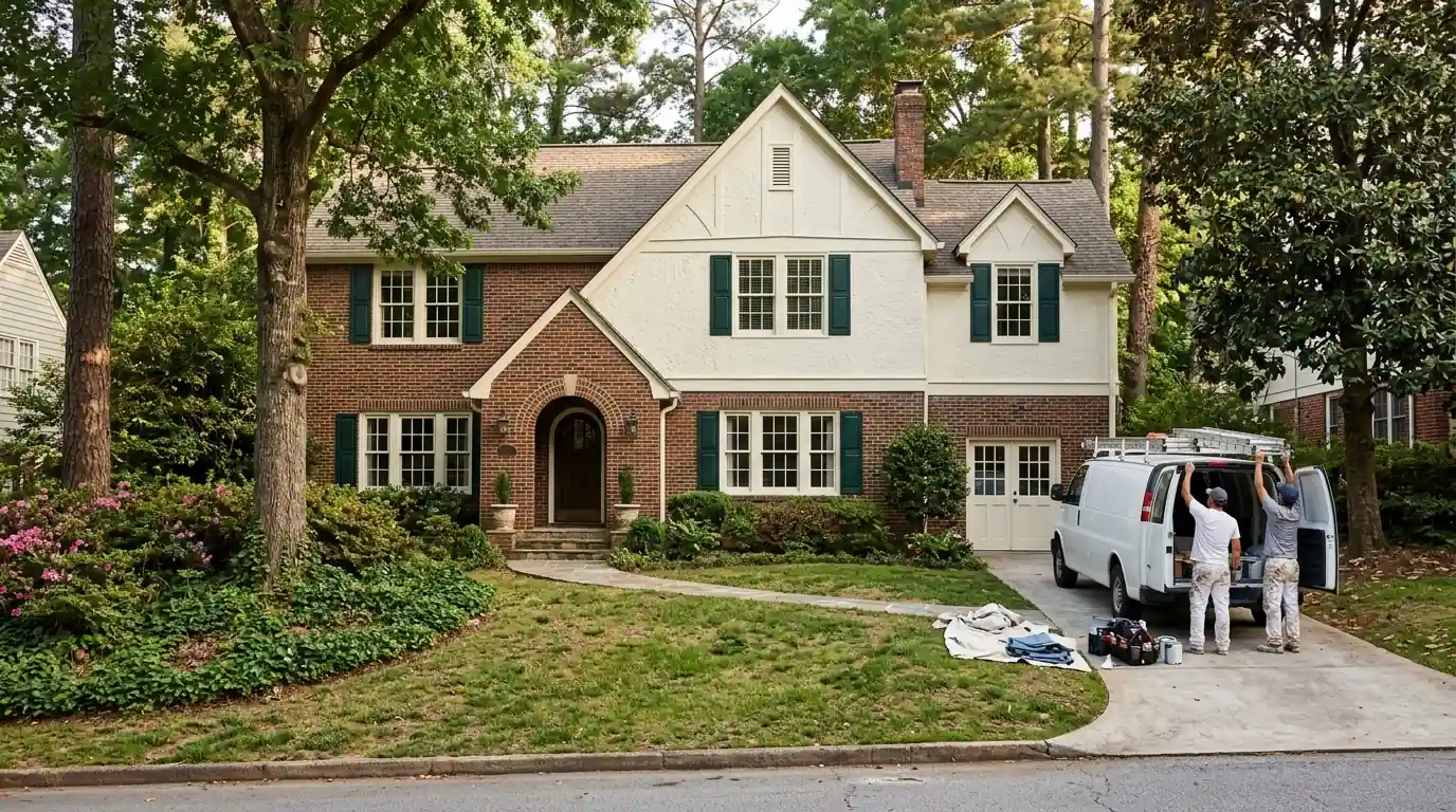 Historic stucco home with fresh trim in Brookhaven
