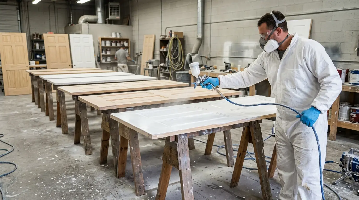 Interior doors sprayed flat with enamel