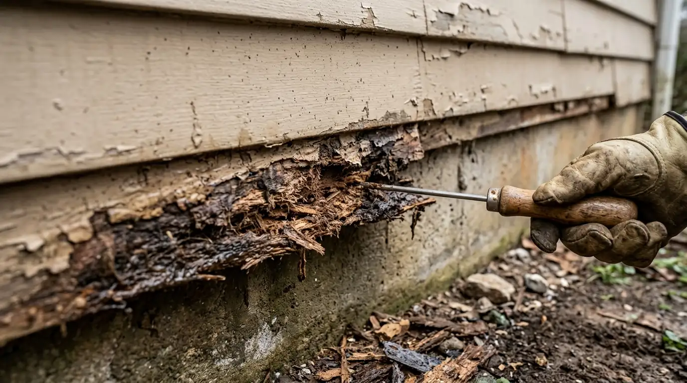 Swollen hardboard siding panel with a probe