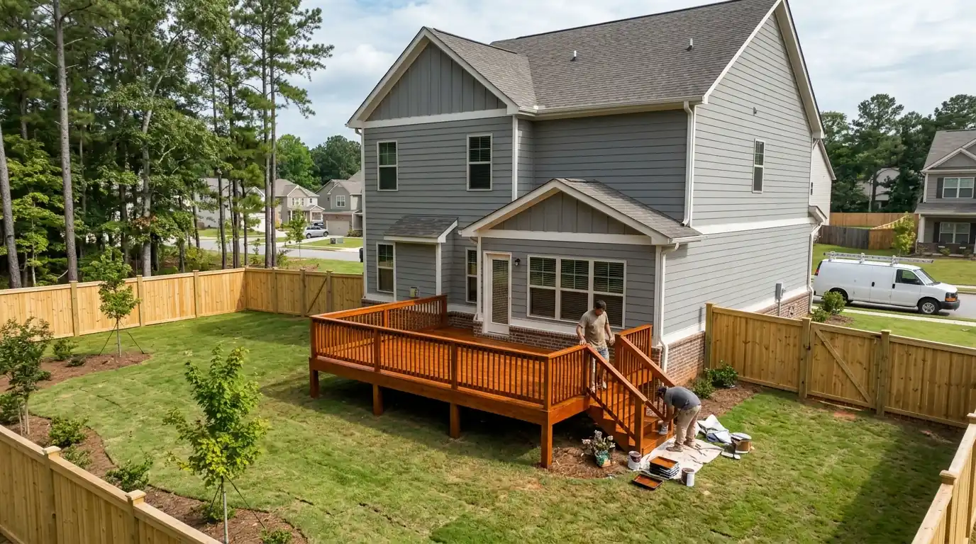 New home with a freshly stained deck in Barrow County
