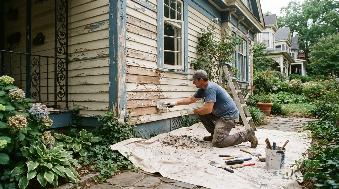 Ground sheeting under a wall being scraped on an older home