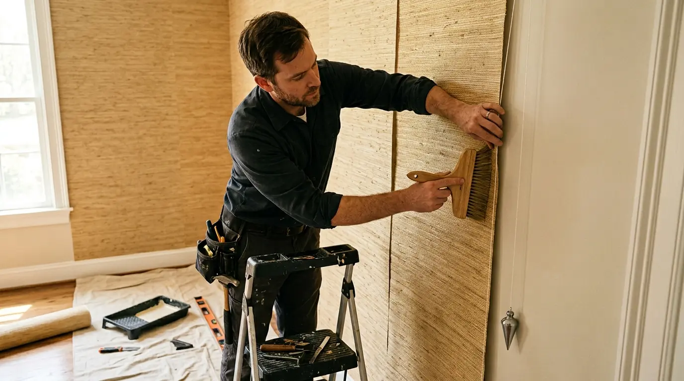 Hanging grasscloth along a plumb line