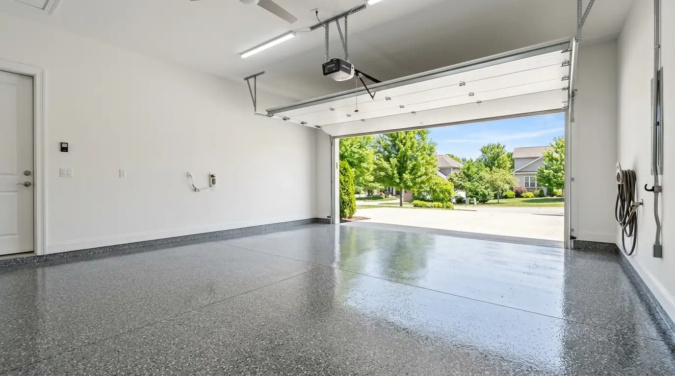 Two-car Atlanta garage floor finished in gray polyaspartic flake