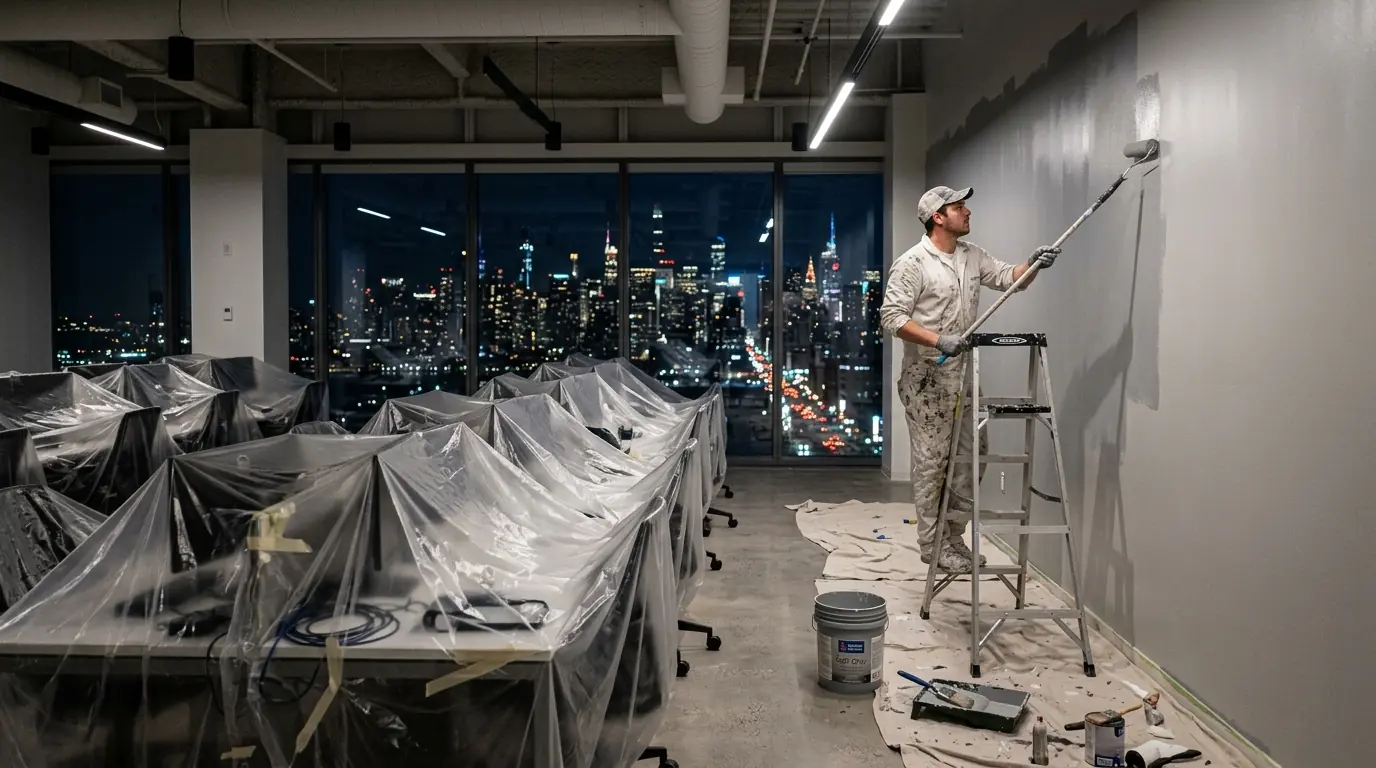 Night repaint of an Atlanta open-plan office with desks covered