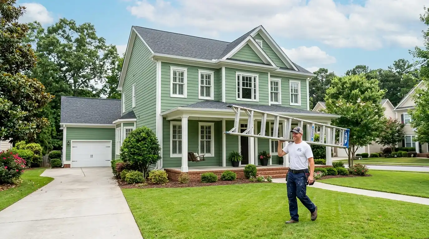 Two-story home with fresh sage green siding